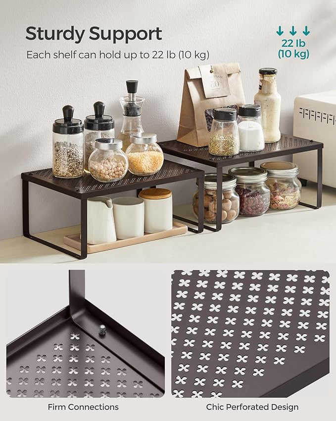 SONGMICS Spice Racks, Set of 2 Metal Cabinet Shelf Organizers, Countertop Organizers, Shelf Risers, Stackable, Expandable, Brown UKCS01BR