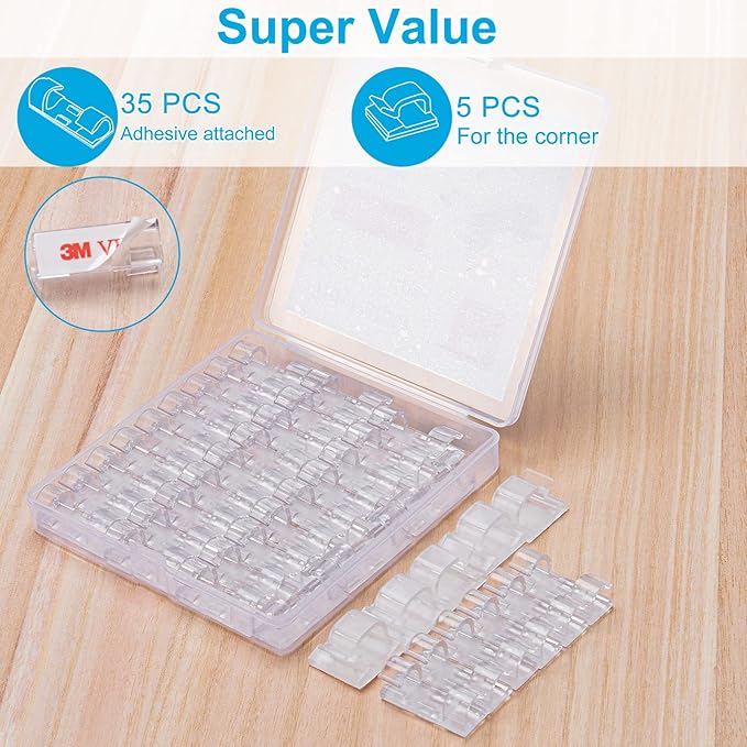 Adhesive Cable Clips Clear (40PCS, M), Upgraded Wire Holders for Wall, Strong Cord Organizer Under Desk, Car, PC, Christmas Light Indoor/Outdoor