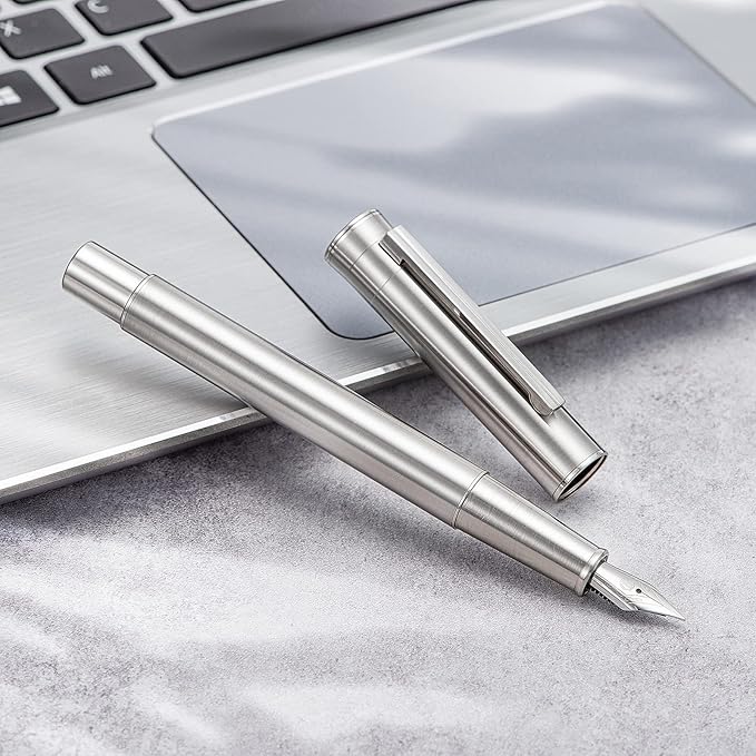 Hongdian 1861 Stainless Steel Fountain Pen Bent Nib, Classic Design Smooth Writing Pen with Converter and Metal Pen Case Set