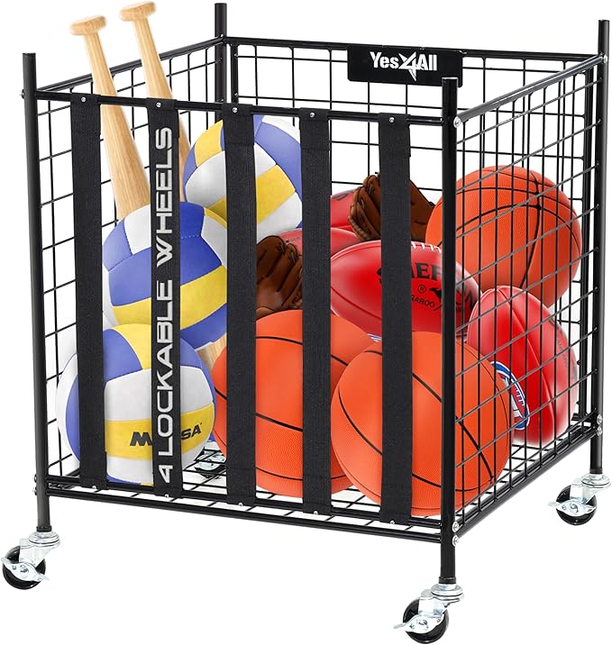 YES4ALL Rolling Ball Cart Storage with Lockable Wheels Volleyball Basketball Holder, Toy Balls Bin, Garage Cage, Storage Racks, Sports Equipment Organizer, Ball Rack for Outdoor Indoor Use