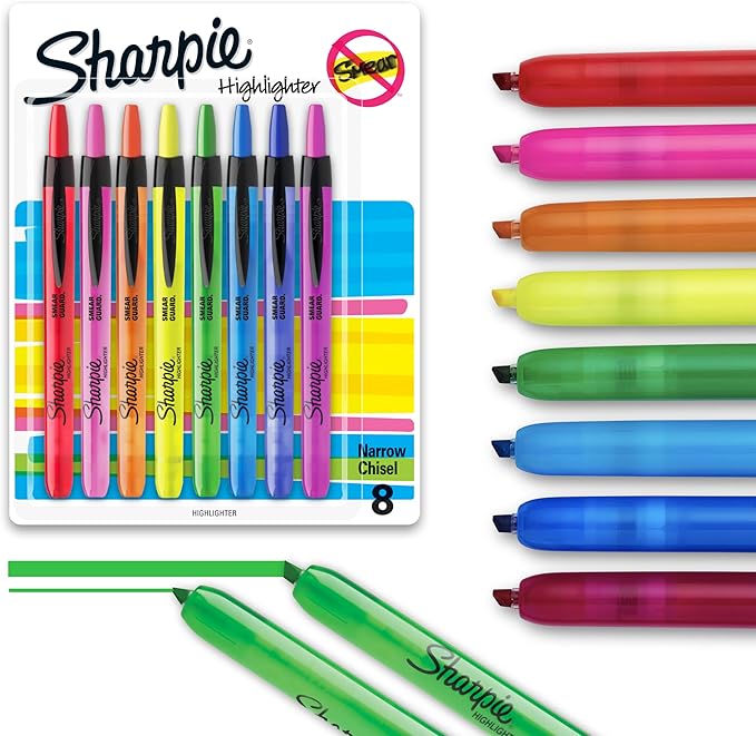 Sharpie Retractable Highlighters Chisel Tip Highlighter Marker Set Fluorescent Highlighters Classroom Journaling Study Supplies Assorted Colors 8 Count