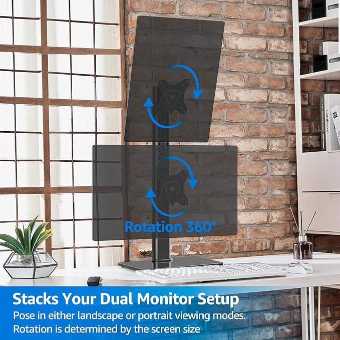 MOUNTUP Vertical Dual Monitor Stand, Stack Two Screens up to 32 inches,33 Lbs, Free-Standing Monitor Desk Mount, Monitor Riser with Swivel, Tilt, Height Adjustable, VESA Stand 100 x 100mm, 75 x 75mm