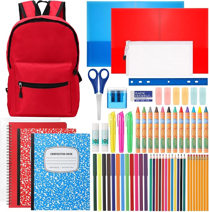 Back to School Supplies with Backpack Kids Kindergarten Preschool Elementary Supply Bundle Kit Middle High School Notebook for K-12 Student Girl Boy Classroom(Red)