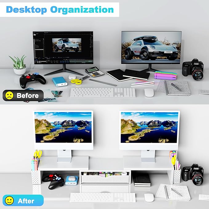 Spacrea Metal Desk Organizers and Accessories, Dual Monitor Stand Riser with Drawer and 2 Pen Holders, Desk Accessories & Workspace Desktop Organizers for Office Supplies (White)