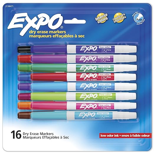EXPO Dry Erase Markers, Whiteboard Markers with Low Odor Ink, Fine Tip, Assorted Vibrant Colors, 16 Count