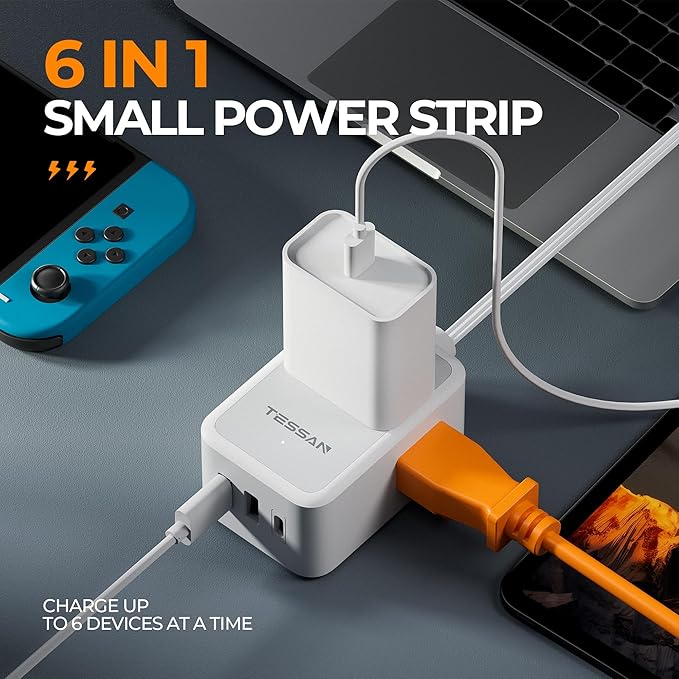 Short Flat Extension Cord, TESSAN Small Power Strip with 3 USB Port (1 USB C), 3 Outlets Small Charging Station, 3 ft Slim Plug for Cruise Travel Office School Dorm Room Essentials