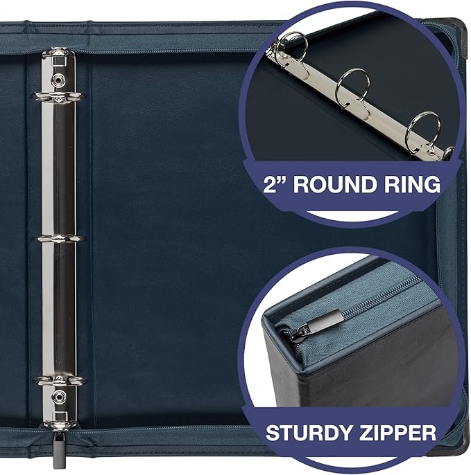 Samsill Leather Binder, Classic Collection - Zippered, Executive Presentation Portfolio, 1.5 Inch Round Ring (Holds 325 Sheets), Silver Corner Accents, Navy