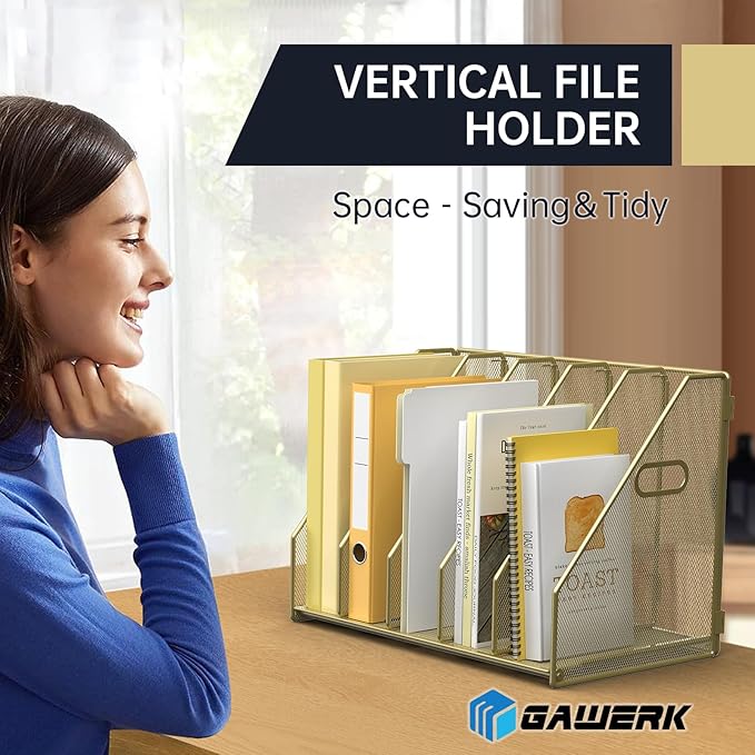 Desk File Organizer Metal Desk Magazine Folder Holder with 5 Vertical Compartments Rack File Organizer for Office, Home, School (Gold)