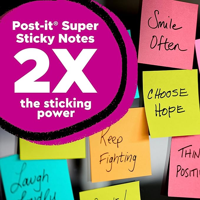 Post-it Super Sticky Notes, 3x3 in, 4 Pads, 2X The Sticking Power, Miami Collection, Neon Colors (Orange, Pink, Blue, Green), Recyclable(3321-SSAN-B)