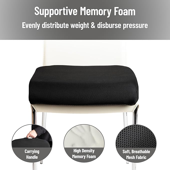 Mind Reader Air-Cloud Seat Cushion, Ergonomic Support for Posture, Pressure Relief, and Pain Reduction, Portable with Washable Cover, Memory Foam, Black