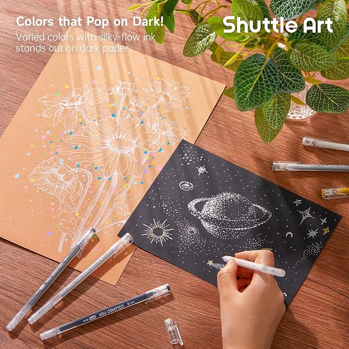 Shuttle Art Colored Pens, 22 Black White Gray & Metallic Tone Colors Cute Journal Pens 0.6mm Fine Point Colored Gel Pens for Black Paper Writing Drawing Journaling Note Taking School Office Home