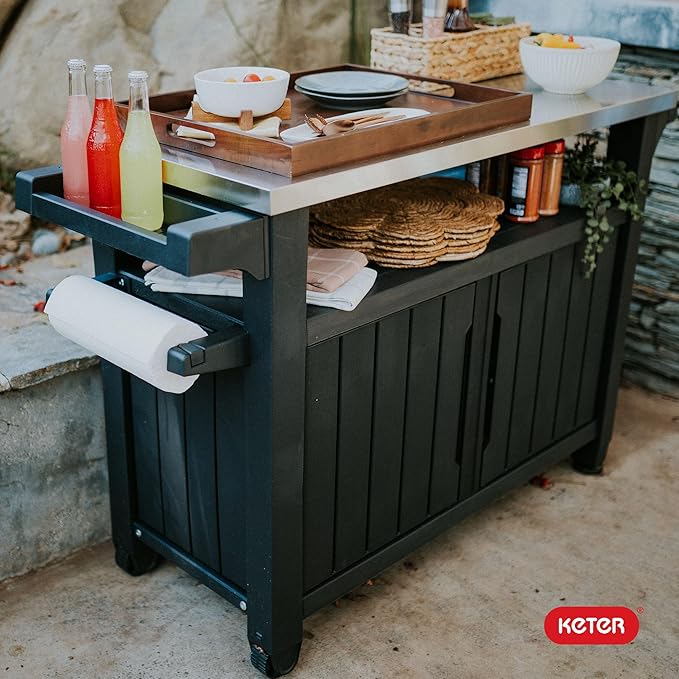 Keter Unity XL Portable Outdoor Table with Stainless Steel Top for Kitchen Prep and Outdoor Storage Cabinet for Grilling Accessories, Dark Grey
