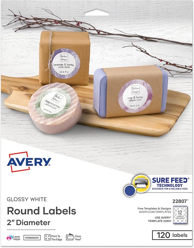 Avery Printable Round Labels, Sure Feed Technology, Glossy White Labels, 2" Diameter, Permanent Adhesive, Laser/Inkjet, 120 Total (22807)