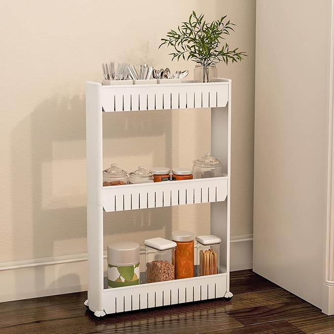 Lavish Home 3 Tier Shelf Rolling Cart - Narrow-Space Kitchen or Bathroom Shelf Organizer Cart - Slim Slide-Out Storage Shelves for Kitchen, Bathroom, Laundry and Pantry