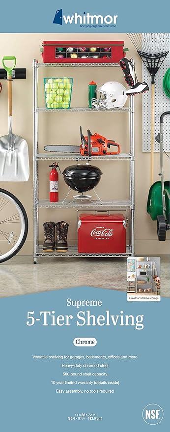 Whitmor 5 Tier Shelving Unit, Metal Storage Shelves, 400 lbs Capacity per Shelf, 2000 lbs Total, Adjustable Heavy Duty Shelf, Easy Assembly for Kitchen, Garage, Plant, 36"L x 14"W x 72"H, Chrome