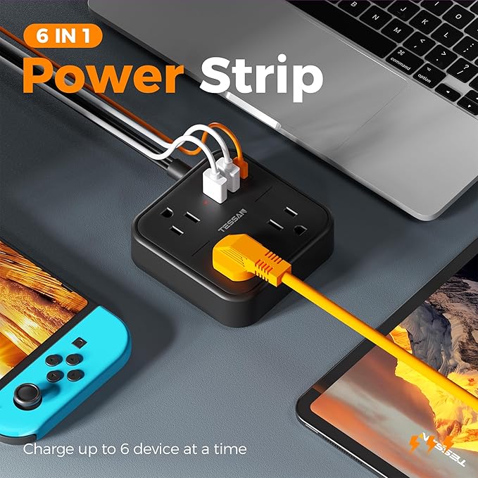 Surge Protector Power Strip, TESSAN Flat Extension Cord 5 FT with USB Ports (1 USB C) and 3 Outlets, Ultra Thin Flat Plug Wall Charger for Home, Office, School, Dorm Room Essentials, Black