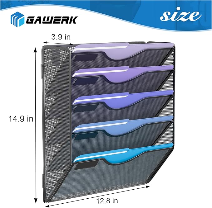 5 Tier Hanging Wall File Organizer, Mesh Mail Paper Orgnization Hanging File Folder Holder for Home Office, Black