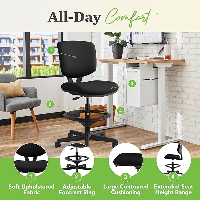 HON Volt Standing Desk Chair, Fabric Home Office Chair with Foot Rest, Armless, Ergonomic Recline and Center Tilt, for Computers, Offices, Work, Black