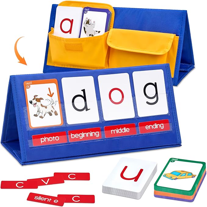 Gamenote Word Building Desktop Pocket Chart Tent Flash Cards Kit - CVC Words Phonics Games Blending Board for Kindergarten Reading and Spelling