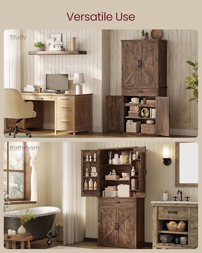 VASAGLE LIRY Collection - Pantry Cabinet, 70.3-Inch Tall Farmhouse Kitchen Storage Cabinet with Barn Doors, Drawer, Tray, Adjustable Shelves, for Kitchen, Dining Room, Hazelnut Brown UBBK364K01