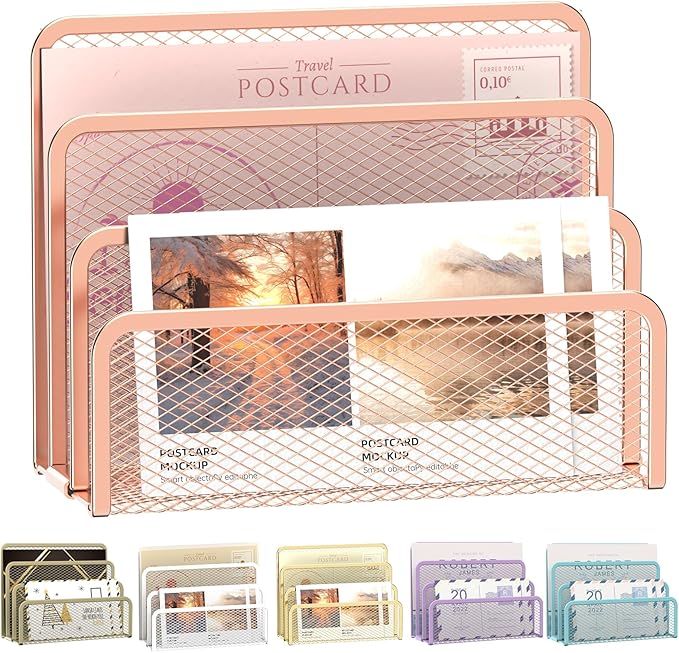 SUPEASY Mail Organizer for Desk, Mesh Metal Mail Holder Countertop with 3-Slot, Letter Sorter File Holder, Office Envelope Organizer for Mails (Rose Gold)