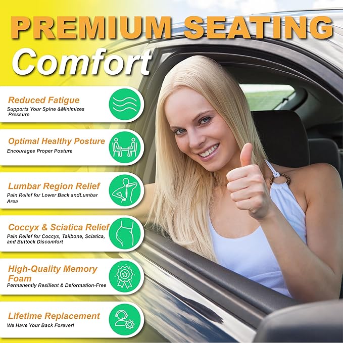 kingphenix Car Seat Cushion with Lumbar Support Pillow: Enhanced Comfort Memory Foam Design for Pain Relief, Ideal for Drivers and Office Use - Ergonomic Lumbar Comfort for Long Sitting - Brown
