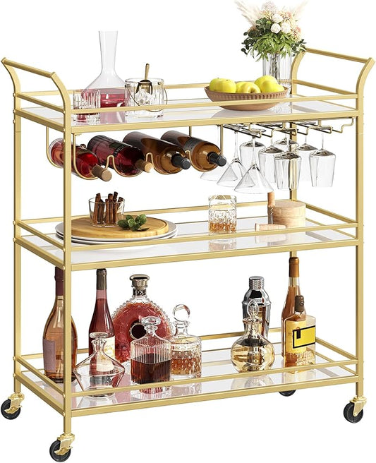 VASAGLE Bar Cart Gold, Large Home Bar Serving Cart with 3-Tier Mirrored Shelf, Wine Holders, Glass Holders, Kitchen, 15 x 33.9 x 35.4 Inches, Gold ULRC083A02