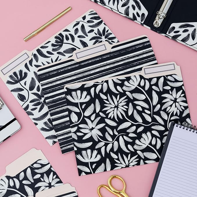 Steel Mill & Co Cute File Folders, Set of 9, Document Organizer for Filing Cabinet, Decorative Letter Size Files, Hand Drawn Black Floral
