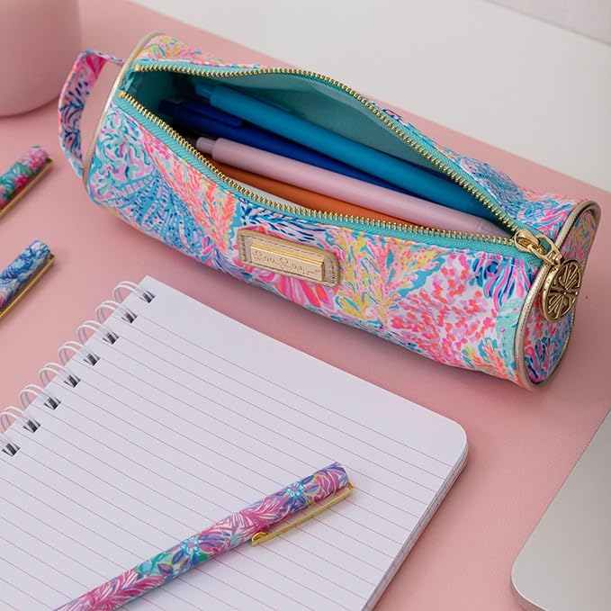 Lilly Pulitzer Cute Pencil Case, Colorful Zipper Pouch for Office Supplies, Small Travel Bag with Carrying Handle, Splashdance