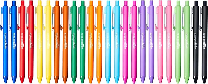 Amazon Basics Multi Colored Ballpoint Pens for Smooth Writing, Assorted Colors, Retractable, 24-Pack