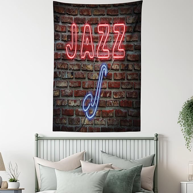 Ambesonne Music Tapestry Twin Size, Image of Alluring Neon All Jazz Sign Saxophone Instrument on Brick Wall Print, Wall Hanging Bedspread Bed Cover Wall Decor, 68" X 88", Red Blue