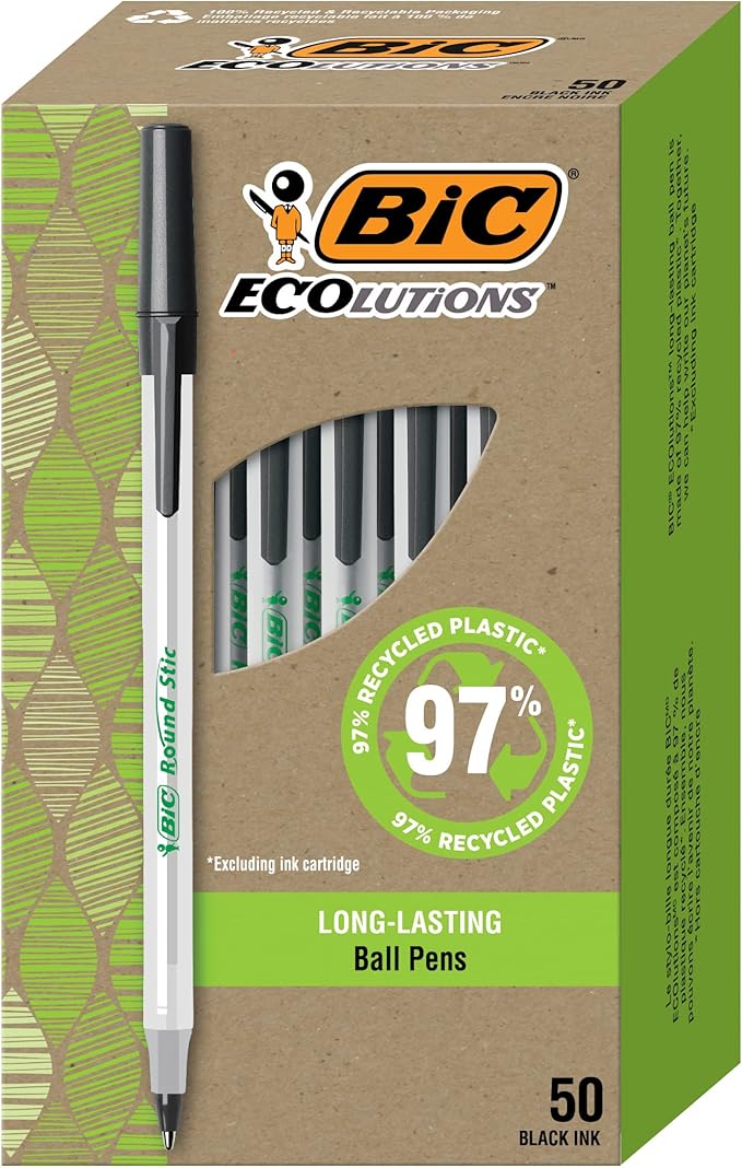 BIC Ecolutions Round Stic Ballpoint Pens, Medium Point (1.0mm), 50-Count Pack, Black Ink Pens Made from 97% Recycled Plastic