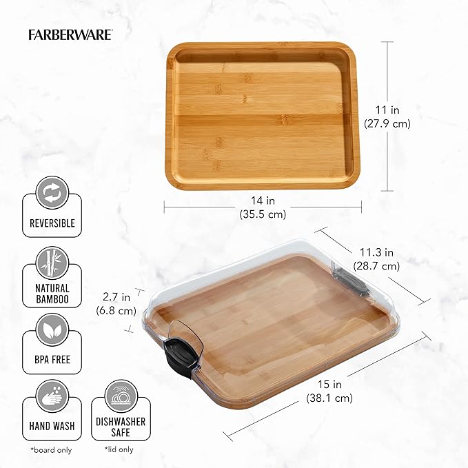 Farberware Build-A-Board Bamboo Cutting Board with Single Storage Compartment, Clear Locking Lid, Black Handles, Perfect for Charcuterie & Snacks