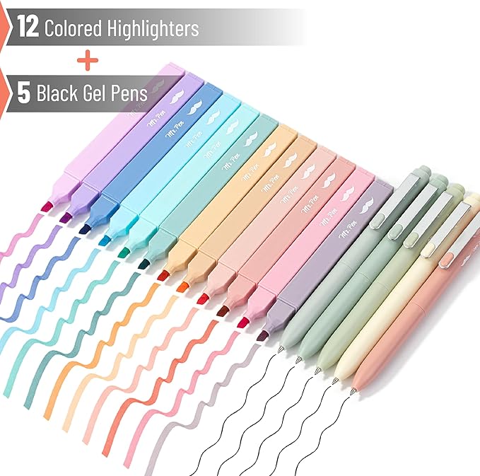 Mr. Pen- Aesthetic Highlighters and Gel Pens, 17 Pack, 12 Muted Pastel Highlighters No Bleed & 5 Black Ink 0.7mm Aesthetic Gel Pens