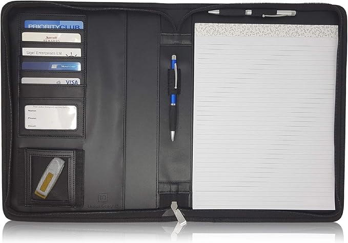 Matt Black Zippered Portfolio Binder - Lean PU Leather Business Executive Portfolio Organizer Folder - Padfolio for Men & Women with US Letter Notepad & Gift Box by Lautus Designs