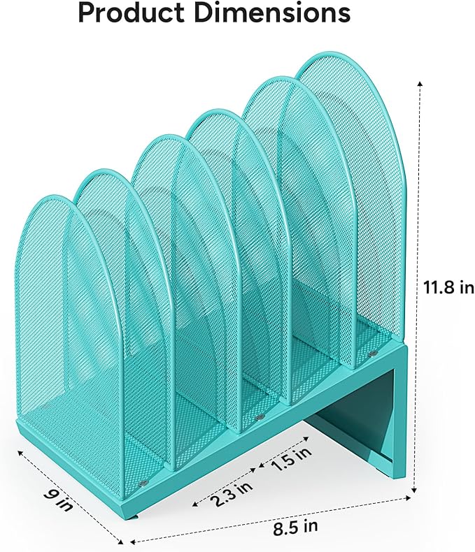 5-Section Desk File Organizer, Metal Mesh Folder Organizer for Documents, Mail & Office Papers (Blue)