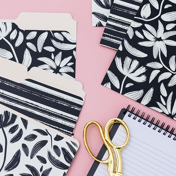 Steel Mill & Co Cute File Folders, Set of 9, Document Organizer for Filing Cabinet, Decorative Letter Size Files, Hand Drawn Black Floral