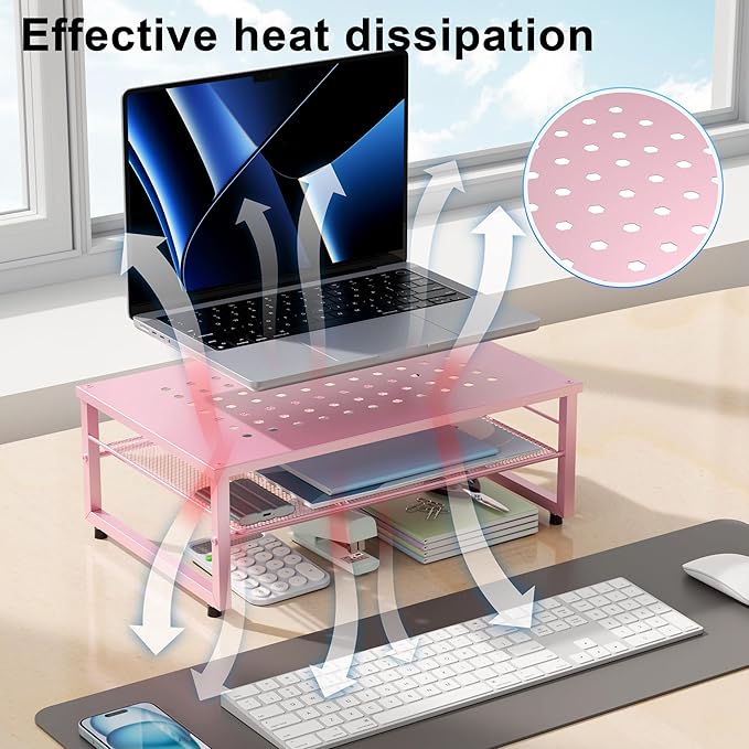 Gianotter 2-Tier Metal Monitor Stand Riser, Workspace Organizer with Desk Accessories, Office Storage for Supplies (Pink)