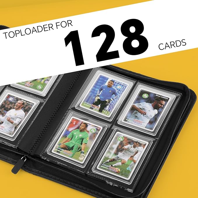 Toploader Binder,Toploader Hard Cases, 4-Pocket Pages Sleeves Hold up 128 Cards.Toploader Card Binder with Sleeves for “3×4” rigid，Card Holder(black)