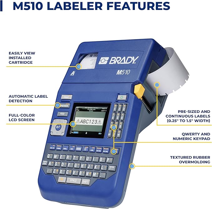 Brady M510 Portable Industrial Label Printer Kit with Carrying Case, Label Cartridge, Rechargeable Battery and Charger, 3.75" H x 5.75" W x 10" D