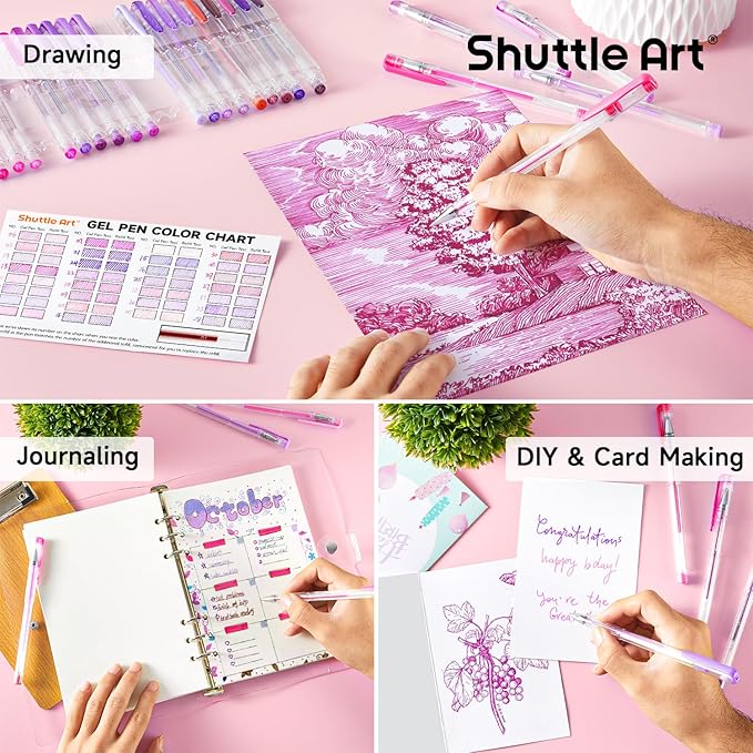 Shuttle Art 60 Pack Tone , Pink Purple Gel Pens with 30 Refills for Adults Coloring Books Journaling Drawing Nature, Landscapes, Animals Scenes