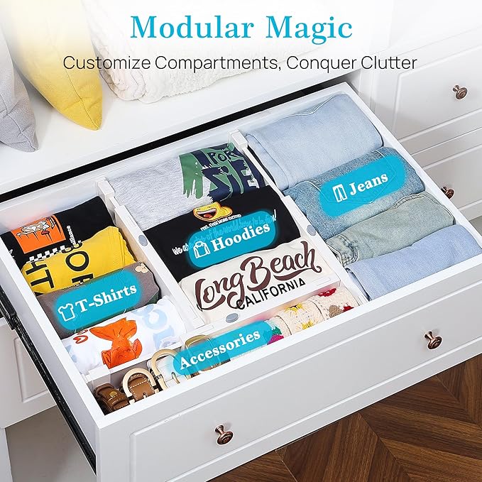 Vtopmart 4 Pack Drawer Dividers for Clothes, 4" High 11.3"-17" Adjustable Expandable Dresser Drawer Organizer, Plastic Drawers Separators for Dresser, Baby Clothes, Underwear, Kitchen & Office Storage