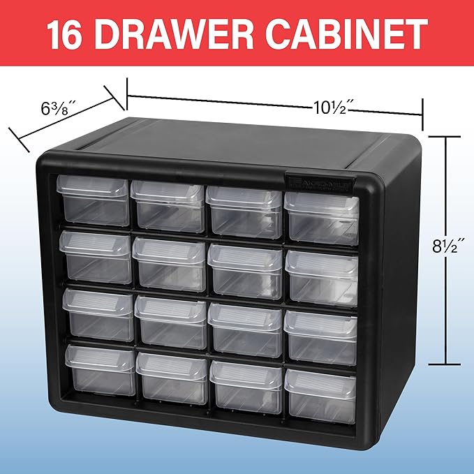 Akro-Mils 16-Drawer Plastic Drawer Storage Cabinet for Garage Organization, Beads, Makeup Organizer, Building Bricks Storage, Teacher Toolbox, 10-1/2" W x 6-1/2" D x 8-1/2" H, 10116 White