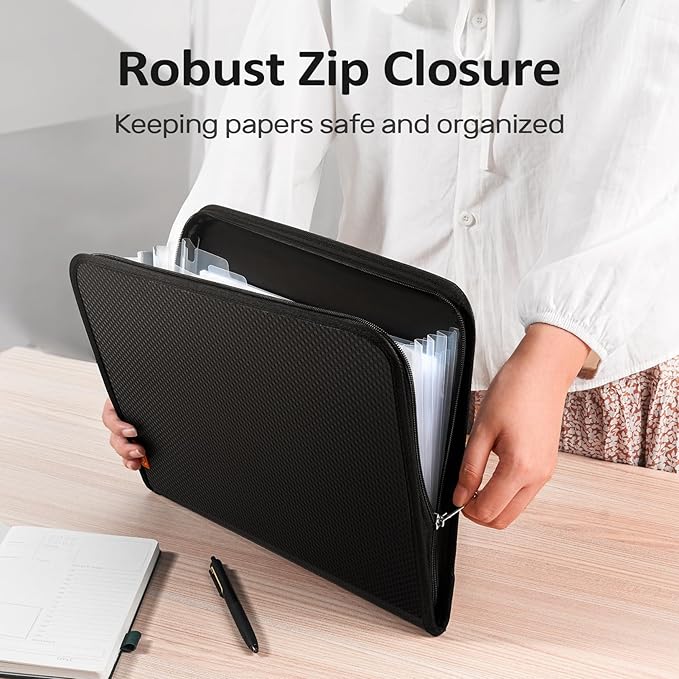 Sooez 7 Pockets Accordion File Organizer, Zipper Expanding File Folder, Heavy Duty Folder Organizer, Sleek Letter Size Accordion Folder, Portable Expandable File Folder, 14 x 11.2 Inch, Black
