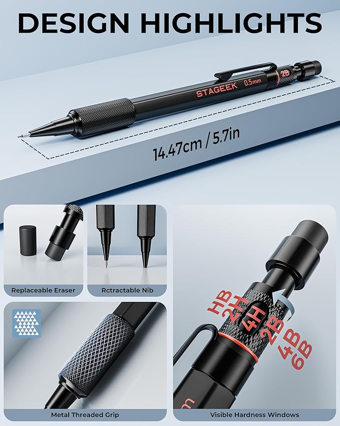 0.5mm Mechanical Pencil Set, 3PCS Metal Mechanical Pencils 0.5mm with 6 Tubes HB & 2B Lead Refills, Erasers, Weatherproof Artist Pencils with Case for Outdoor Writing Drafting Drawing