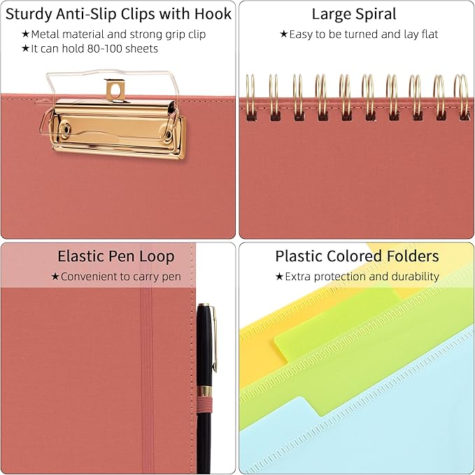 Ospelelf Red Foldable Spiral Clipboard Folio with Storage Zipper Pouch, 5 Plastic Folders with 10 Pockets, Refillable Lined Notepad (11" x 8.5"), Linen Hardcover Project Organizer