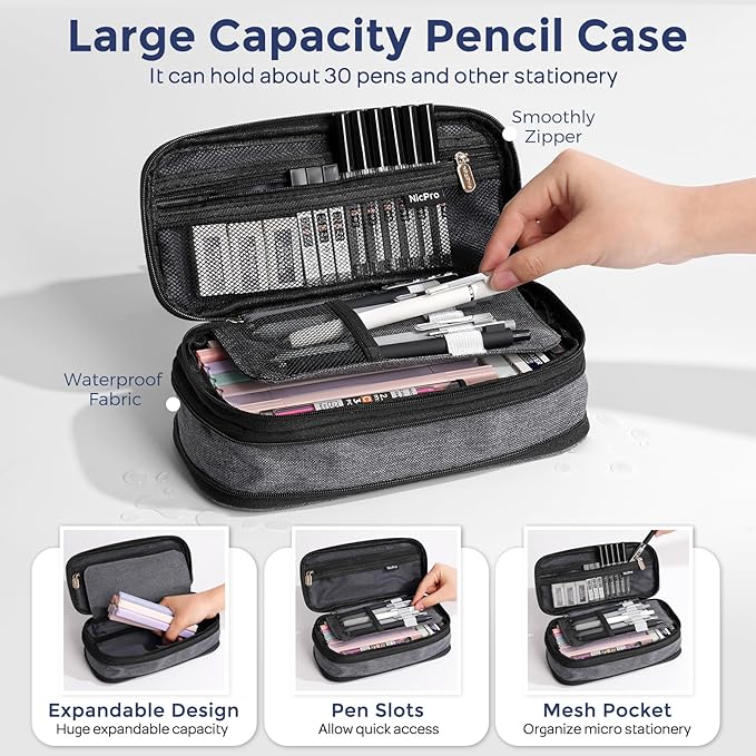 Nicpro 50 PCS School Supplies Stationary Set with Pencil Case - 6 Gel Pens & Refills, 12 Highlighters, 6 Art Mechanical Pencil Set, 12 Tube lead Refills for College Essentials Office Stationery -Black