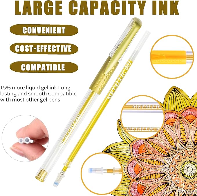 Metallic Gel Pens,72 Color Gel Pens Set including 24 Color Gel Pen with 48 Refills,40% More Ink Colored Gel Pens for Adult Drawing, Doodling, Scrapbook, Journaling