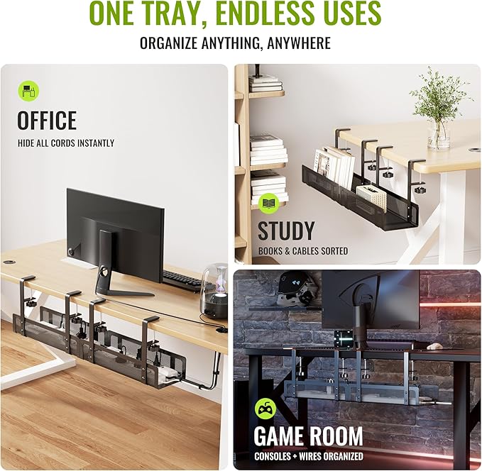 [Upgraded] 2 Pack Cable Management Under Desk Tray, Xpatee 27.6" No Drill Open Slots Cable Management Tray, Cord Wire Organizer Box with Clamp for Table Thickness up to 3" - No Desk Damage(Black)