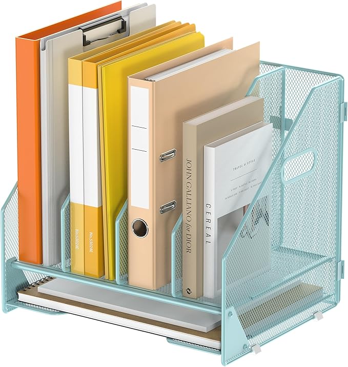 Desk File Folder Holder Organizer-4 Vertical Compartments Racks and Paper Letter Tray,Mesh Magazine File Holder Sorter,Desktop Accessories & Workspace Organizers for Home,Office,School-Blue